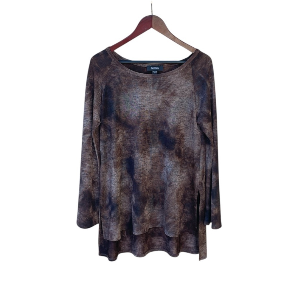Karen Kane Tunic Top Size L Pullover Brown Black Tie Dye Blouse Long Sleeve